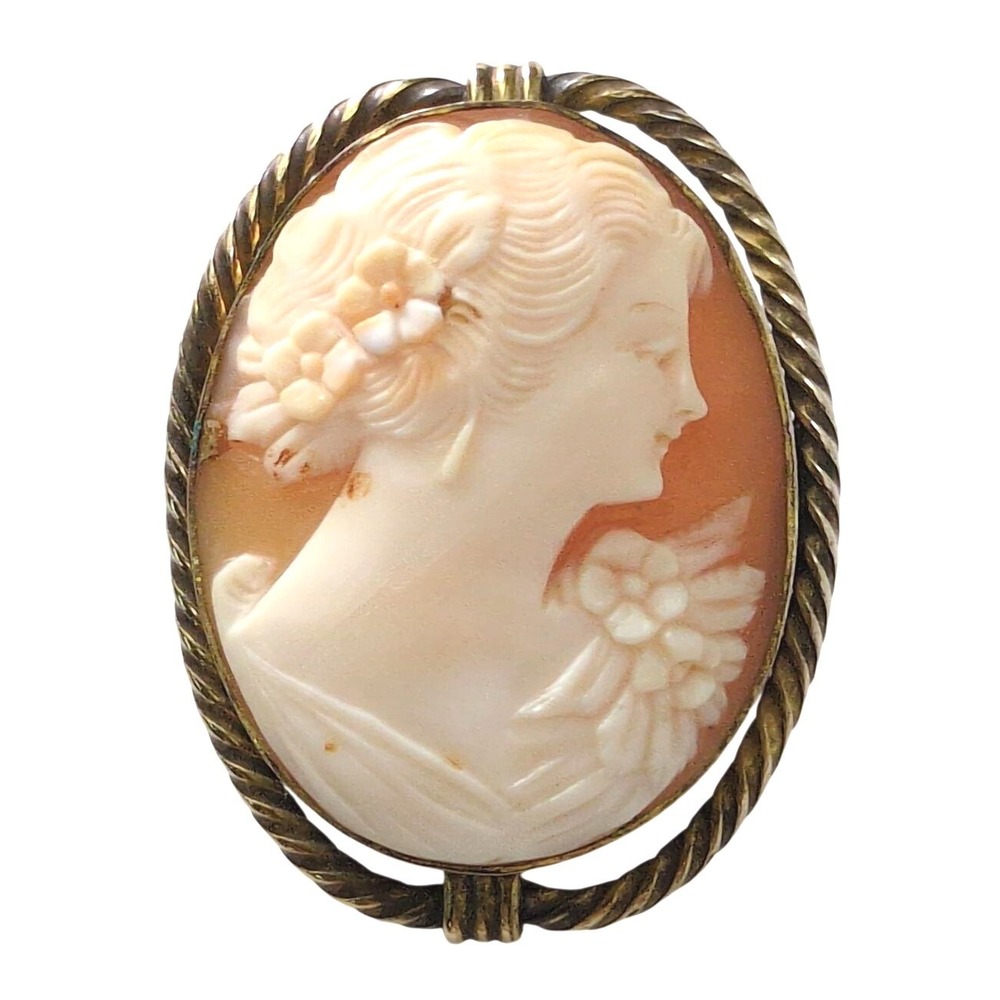 Vintage 40s AMCO Carved Shell Cameo Brooch 1/20 10K Gold Filled Floral Lady Pin